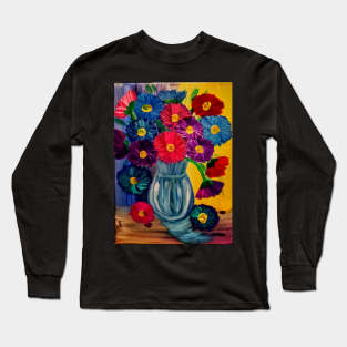 fun and colorful abstract flowers set against a multi-color background Long Sleeve T-Shirt